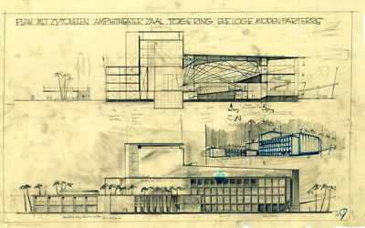 <p><strong>10.</strong> İzmir Belediyesi Tiyatrosu için yapılan bir kesit ve akustik çalışması,  1954<br /> Kaynak: Stadsschouwburg  Izmir Turkije (ontwerp W.M. Dudok), NAi/DUDO 195K.34, 195M.101, Het Nieuwe  Instituut, Rotterdam.</p>