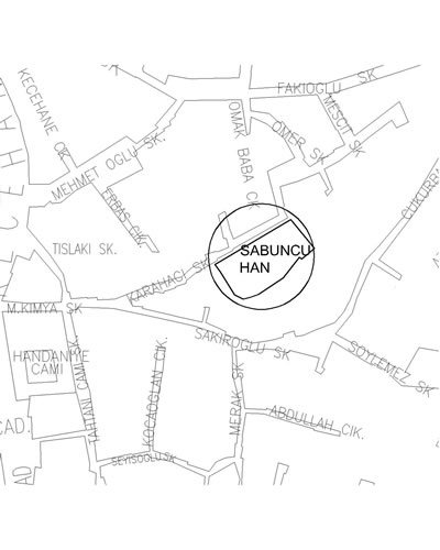 <p><strong>10a.</strong> Sabuncu Han: konumu, rölöve plan ve kesiti, restorasyon kesiti <br />