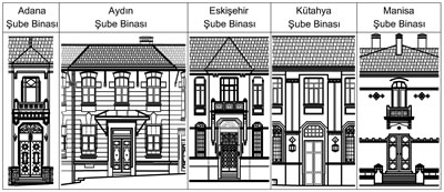 <p><strong>11.</strong> İncelenen yapıların giriş cepheleri - Adana Şube Binasının  cephesi RST Proje İnşaat Danışmanlık San. ve Tic. Ltd. Şti. (Y. Mimar Reşat  Toklu), Aydın Şube Binasının cephesi Asmira Mimarlık Restorasyon (Y. Mimar  Semra Emek), Eskişehir Şube Binasının cephesi RST Proje İnşaat Danışmanlık  San. ve Tic. Ltd. Şti. (Y. Mimar Reşat Toklu), Kütahya Şubesi Binasının  cephesi T.C. Ziraat Bankası A.Ş. İnşaat ve Gayrımenkul Yönetimi Bölüm  Başkanlığı ve Manisa Şube Binasının cephesi PROTEK Müh. İnş. San. ve Tic. Ltd.  Şti. firması (Mimar Şemsi Tunçel) tarafından hazırlanmış, çizimler yazar  tarafından düzenlenmiştir.</p>