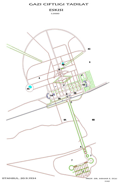 <p><strong>Resim 1. </strong>Egli’nin 1934 tarihli Orman Çiftliği  kentsel tasarım projesi. 1A: Yönetim, okul; 1B: Kamu bahçesi, restoran, otel; 2A:  Lojmanlar; 2B: Bira parkı ve endüstriyel alan; 3: Meyve, sebze bahçesi; 4A:  Yüzme havuzu, spor ve benzeri; 4B: Marmara kısmı; 4C: Yeni inşa edilen kısım; 5:  Yürüyüş yolları, orman; 6A-B: Tarım ve endüstri; 7: Kahraman ve şehitler için  “Ebedi Zafer İstirahatgâhı”<br />  Kaynak: Cumhurbaşkanlığı Atatürk Arşivi, Dolap:17, Kutu  No:184-6, Dosya No:7, Fihrist No:6-1 ve 6-2.</p>