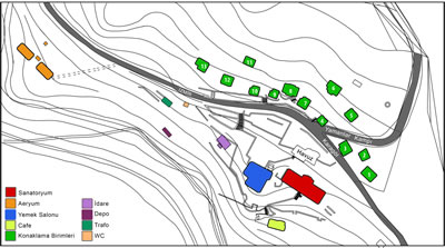<p><strong> 1.</strong> Karşıyaka Yamanlar  Dağı’nda kamp yapıları ve sanatoryumun mevcut durumunu gösteren vaziyet planı<br />Kaynak: Karşıyaka  Belediyesi Arşivi’nden alınan vaziyet planı kullanılarak Korhan Cengiz  tarafından hazırlanmıştır</p>
