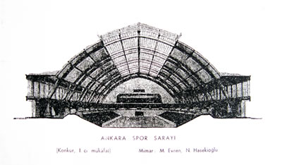 <p><strong> 1. </strong>Ankara  Spor Sergi Sarayı Yarışmasını kazanan projenin iç perspektifi.<br />Kaynak: Evren, 1954, s.77.</p>