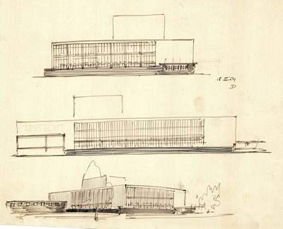 <p><strong>11a.</strong> Dudokun İzmir Şehir Tiyatrosu için 15 Şubat tarihinde İzmirde yaptığı  eskizler<br />   Kaynak: Stadsschouwburg  Izmir Turkije (ontwerp W.M. Dudok), NAi/DUDO 195K.34, 195M.101, Het Nieuwe  Instituut, Rotterdam.</p>