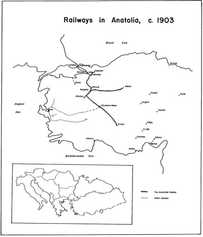 <p><strong>Resim  12.</strong> 1903 yılında Anadoludaki demiryollarını gösteren bir harita <br /> 	Kaynak: Quataert, s.140.</p>