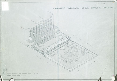 <p>İstanbul Belediyesi İmar Müdürlüğünde  yürüttüğü çalışmalar (Cihangirde çocuk bahçesi menazırı, 1936)</p>