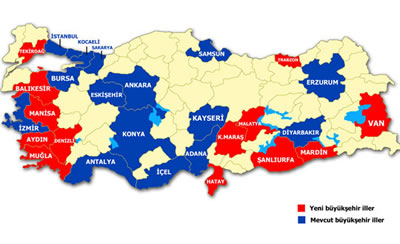 2012 yılındaki yeni düzenleme ile eski ve yeni büyükşehir belediyeleri.