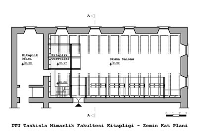 <p><strong>1.</strong>  İTÜ Taşkışla İnşaat Fakültesi  Kütüphanesi zemin kat planı<br />
