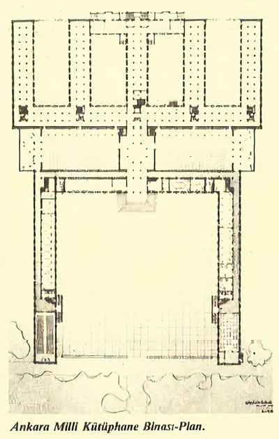 <p><strong>12a.</strong> Ankara Milli Kütüphane Binası, Mukadder  Çizerin 1946-47 yılı bitirme projesi <br />Kaynak: Kocagöz, 1988