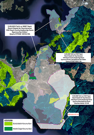 <p><strong>1.</strong> İzmir Çeşme Turizm Koruma ve Gelişim Bölgesi etüt  sınırlarına ilave alanlar</p>
