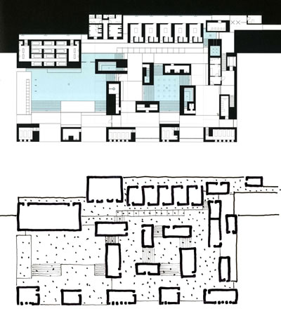 <p><strong>13.</strong> Vals Kaplıcasının ana havuz katı planı ve yorumu<br />  Kaynak: Durisch, 2014b,  s.47. Çizim: Mehmet Kerem Özel</p>