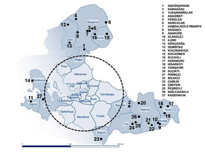 <p><strong>1.</strong> 416 yerleşimden niteliksel farklılığı  yansıtan 27 köyün coğrafi dağılımı. </p>