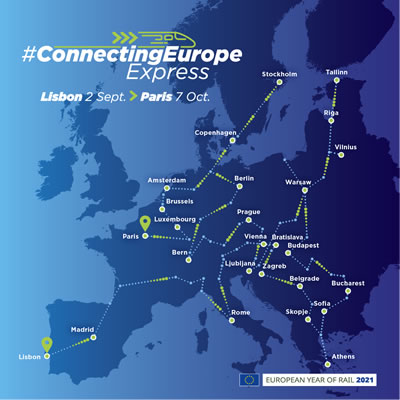 <p><strong>1.</strong> “Connecting Europe  Express”in 2021 Avrupa Demiryolları Yılı seyahat güzergahı.</p>