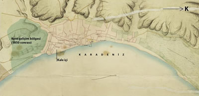 <p><strong>1. </strong>1850 tarihli Samsun haritasında “rasyonel  olmayan” yol ağı <br /> 	Kaynak: BOA, İrade-i Meclis-i Vâlâ, Nr.2240,  Samsun Şehir Planı, Plan Kat. Nr.810. Harita metninin Osmanlıca aslından  çevrisi için bkz: Uzuneminoğlu, Hamza, 2015, “Şehirlerin Alan Bakımından  Genişlemesi”, <strong>Ondokuz Mayıs Üniversitesi  Eğitim Fakültesi Dergisi</strong>, Cilt:8, Sayı:1, ss.273-290. </p>