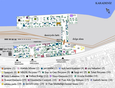 <p><strong>13.</strong> 1976 yılında Samsun Fuarı kroki planı<br /> 	Kaynak: Kroki plan, İlbank  Samsun Bölge Müdürlüğü ve Harita Genel Müdürlüğü  Ulusal Haritacılık Kurumu arşivinden, fotoğraf ve video arşivlerinden ve  kentli ile yapılan görüşmelerden yararlanarak araştırmacı tarafından  çizilmiştir.</p>