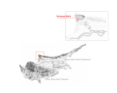 <p><strong>1</strong>. Koruçam köyünün  Kıbrıs haritası üzerindeki coğrafi konumu <br /> 	Kaynak: Yazar,  2022.</p>