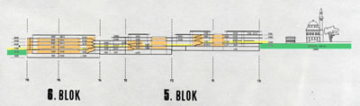 <p><strong>14.</strong> Projeden bir kesit. Avlular turuncu,  sokakla bütünleşen meydanlar şil, arazinin eğimine oturan yaya sirkülasyonu  sarı ile gösterilmiştir.</p>