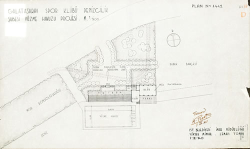 <p>İstanbul Belediyesi İmar Müdürlüğünde  yürüttüğü çalışmalar (Galatasaray Spor Kulübü Denizcilik Şubesi yüzme havuzu  tesisleri, 1940)<strong></strong></p>