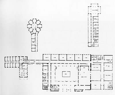 <p><strong>15.</strong> Musiki  Muallim Mektebi ve ekler, zemin kat planı<br />   Kaynak:  Aslanoğlu 1985, s.31.</p>