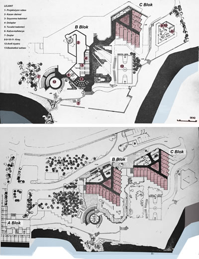 <p><strong>15. </strong>B ve  C-Bloklara ait zemin ve birinci kat planı<br /> 	Kaynak: Tekeli, Doğan ve Sisa, Sami, 1979,  ss.5 üzerinde yazarlar tarafından işlenmiştir.</p>