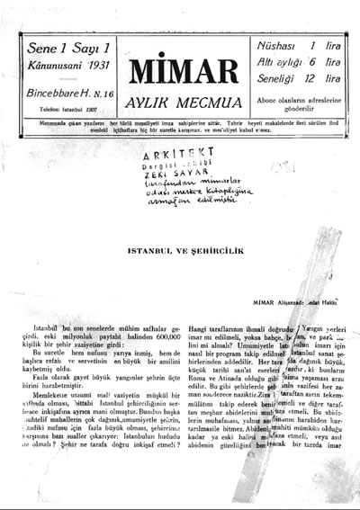 <p><strong>1b. </strong><em>Mimar / Arkitekt</em>in ilk sayısının kapağı ve giriş yazısı<br /> 	Kaynak:<strong> </strong>1931, <strong>Mimar</strong>, sayı:1, s.1.</p>