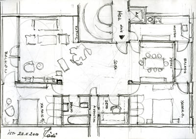 <p><strong>21.</strong> Ar Apartmanı’nın tefrişli  kat planının krokisi<br />  (Çizen:  Radi Birol, 2010)</p>