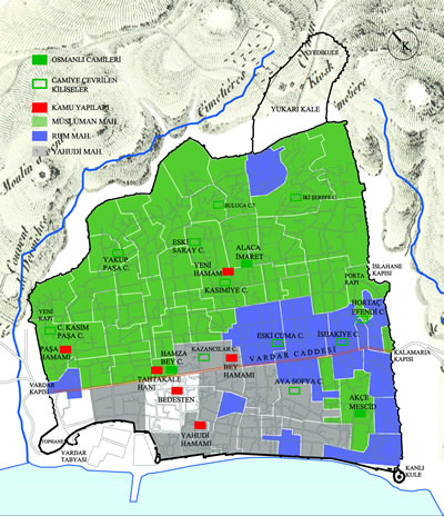 <p><strong>2. </strong>19. yüzyılda  Selanikin mahalleleri. Çizim Dimitriadis, Vasili, 2008, <strong>Topografia Tis Thessalonikis Kata tin Epokhi Tis Tourkokratias</strong>,  Etaireia Makedonikon Spoudon, Ekdotikos Oikos Thessaloniki ve BOA, Y.EE.64/4  numaralı Wernieski Planından (1882) üretilmiştir.</p>