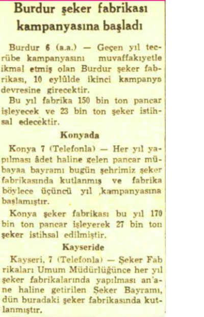 <p><strong>2.</strong> Şeker pancarı  alımı hakkına, <em>Cumhuriyet</em> gazetesinde  Eylül 1956 da yayımlanan haber<br />Kaynak: Cumhuriyet Gazetesi Arşivi, 08 Eylül 1956, s.3.