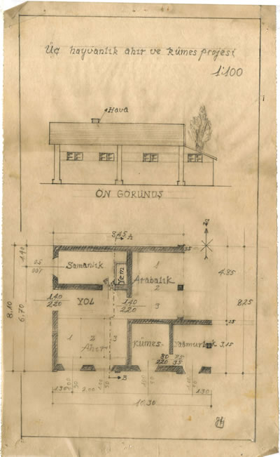 <p><strong>2.</strong> Köy Enstitülü bir öğrenciye ait üç hayvanlık ahır ve  kümes projesi, ön görünüş ve kat planı<br />   Kaynak: Mualla Eyüboğlu Anhegger arşivi</p>