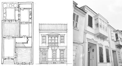 <p><strong>2.</strong> Tipik bir İzmir konutunun plan, cephe  ve görünüşü</p>