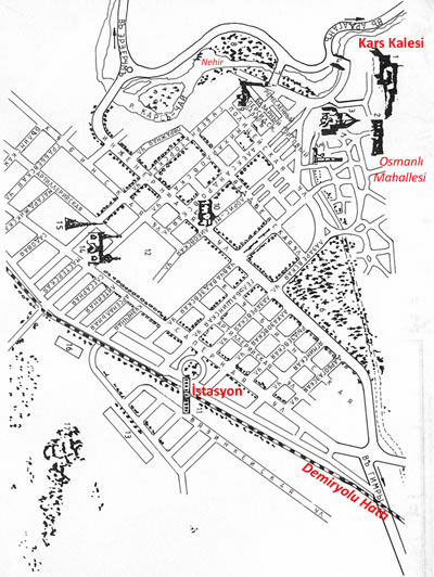 <p><strong>2.</strong> 1910 tarihli kent planı<br />   <strong>Kaynak: </strong>Kobro,  Georg, 1989, <strong>Das Gebiet von Kars und  Ardahan, Historisch-landeskundliche Studie zu einer Grenzregion in  Ostanatolien/Transkaukasien</strong>, Edition  Slavica: Neimanis-Verlag, München.</p>