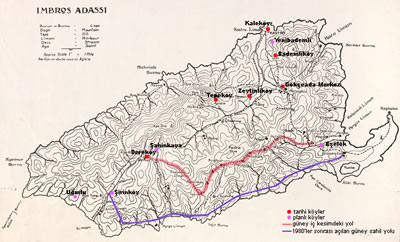 <p><strong>2.</strong>Adanın güney iç kesimindeki yol hattı ve yerleşimlerin  gösterimi yazar tarafından I. Dünya Savaşı dönemine ait haritadan  uyarlanmıştır.<br />Kaynak: awm.gov.au