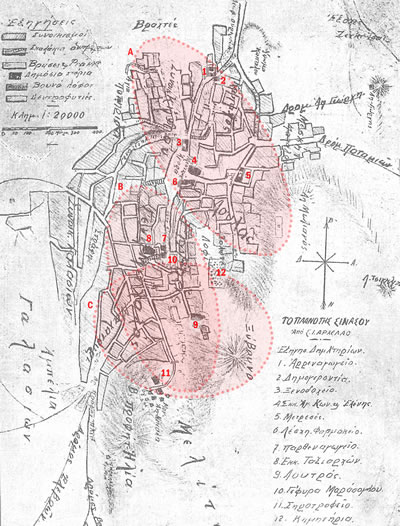 <p><strong>Resim 2.</strong> Doktor Arhelaos tarafından çizilen 1910 yılına  tarihlenen Sinasos haritası, Haritanın  orijinal halinde de yer alan numaralar, sırasıyla şu yapı ve yerleri temsil  etmektedir: 1. Erkek Okulu, 2. İhtiyar Heyeti Binası, 3. Otel, 4. Ay  Konstantinos ve Eleni Kilisesi, 5. Medrese, 6. Kulüp ve Eczane, 7. Kız Okulu,  8. Taksiarhon Kilisesi, 9. Hamam, 10. Maraşoğlu Köprüsü, 11. İpek böceği  yetiştirilen yer, 12. Mezarlık.<br /> 	Kaynak:  Μπαλτά, Eυαγγελία, 2004, <strong>Σινασός Εικονες  και Αφηγησεις, Κεντρο Μικρατικων Σπουδων</strong>, Αθηνα.</p>