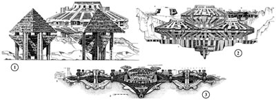 <p><strong>Resim  2.</strong> Soleri, Paolo, 1969,  sırayla: 1. Hexahedron 2. Babeldiga 3. Novanoah.<br /> 	Kaynak: “The city in the  image of man” The MIT Press, Cambridge Mass</p>