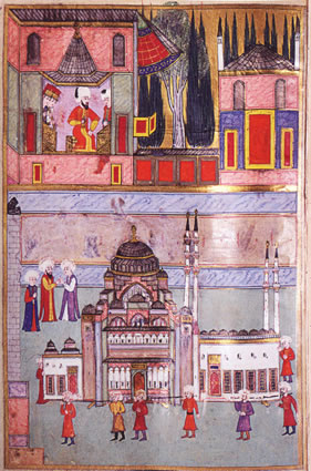 <p><strong>2.</strong> Süleymaniye Camisi maketini taşıyan Hassa  Mimarları alayı, İntizâmî’nin Sûrnâme’si<br />  Kaynak: Necipoğlu, G., 2013, <strong>Sinan Çağı</strong>, İstanbul Bilgi  Üniversitesi Yayınları, İstanbul, s.219.</p>