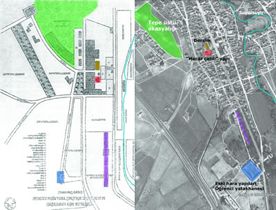 <p><strong>2.</strong> Küçükcan tarafından hazırlanmış Çifteler Köy  Enstitüsü Mahmudiye Yerleşkesi’nin 1949’daki durumunu gösteren kroki üzerinden,  Google Earth programından alınan hava fotoğrafında yapıların bugünkü  konumlarının araştırılması. 1886’da yapıldığı düşünülen eski hara yapıları mavi  rankle gösterilmiştir.<br />Kaynak: Küçükcan,  2008 ve Google Earth  imajı kullanılarak yazarlar tarafından hazırlandı </p>