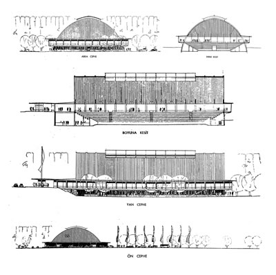 <p><strong>2. </strong>Uygulanan  Ankara Spor Sergi Sarayı Projesi. Kesitler ve görünüşler.<br />Kaynak: Evren, 1954.</p>