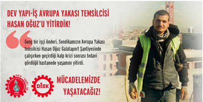 <p><strong>2. </strong>Hasan Oğuz,  Galataport şantiyesinde çalışırken geçirdiği kalp krizi sonrası hayatını  kaybetti; ölüm raporunda ise “bulaşıcı hastalık” kaynaklı olduğu belirtildi. <br />  Kaynak: URL5.</p>