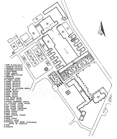 <p><strong>2a. </strong> Erkek Teknik Öğretmen Okulu yerleşke planı ve görünüşü  Kaynak: Alpagut, 2005
