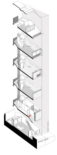 <p><strong>2c. </strong>Mikroloft  Yarasa cephe, ara kat planı ve kesit-aksonometri<br />  Kaynak: ÇiniciMimarlık</p>