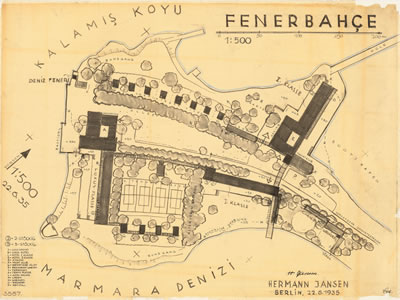 <p><strong>3.</strong> Fenerbahçe  Yarımadası spor ve rekreasyon merkezi (Sport- und Erholungsstätte auf der Halbinsel Fener  Bahce/Türkei) projesi,  Hermann Jansen, 22 Haziran 1935. <br />   Kaynak:  TU Berlin Architekturmuseum, Inv. Nr. 23401</p>