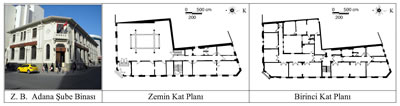 <p><strong>3. </strong>Ziraat Bankası Adana Şube Binasının fotoğrafı ve kat  planları<br />   Kaynak:  Fotoğraf yazara aittir, planlar ise 2T Mimarlık firmasının hazırlamış olduğu  rölöveler esas alınarak yazar tarafından düzenlenmiştir.</p>