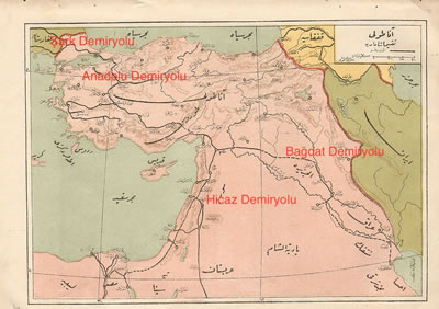 <p><strong>3.</strong> Osmanlı dönemi  demiryollarımız. Ağaç modelinin dört ana hattı: Şark Demiryolu, Anadolu  Demiryolu, Bağdat Demiryolu, Hicaz Demiryolu. (Türkçe metinler harita üzerine yazar  tarafından eklenmiştir) <br /> 	Kaynak:  Atatürk Kitaplığı: Htr_Gec_00063, Public Domain, https://commons.wikimedia.org/w/index.php?curid=59344276</p>