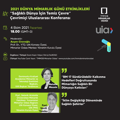 <p><strong>3. </strong>2021 Dünya Mimarlık  Günü” etkinliklerinin ikincisi ise “Sağlıklı Dünya İçin Temiz Çevre” başlığıyla  çevrimiçi olarak gerçekleştirilen etkinliğin posteri</p>