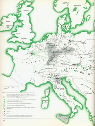 <p><strong>3.</strong> 1848 Avrupasında birbirini  tetikleyen, etkileşimli olarak birbirine ilham veren, kent ayaklanmaları<br />(Kaynak: Wheatcroft,1983)</p>