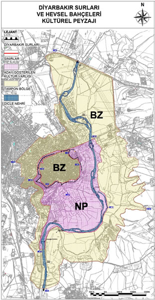 <p><strong>3.</strong> 2015 Yılında Dünya Mirası olarak  kabul edilen Diyarbakır Kalesi ve Hevsel Bahçeleri Kültürel Peyzajı, NP:  Nominated Property (Aday Gösterilen Kültür Varlığı), BZ: Buffer Zone (Tampon  Bölge) <br />  Kaynak: whc.unesco.org/en/list/1488/documents/ [Erişim: 01.04.2016] </p>