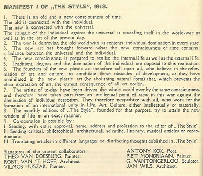 <p><strong>3a. </strong>De  Stijl Manifestosu (Ekim 1918) ve Theo van Doesburg un “renklerin karşılık ve  yer deneyi”, mobilyaların Rietveld e ait olduğu kaydıyla birlikte. <br />Kaynak: 1920, De Stijl, cilt:3, sayı:12, s.102a, http://sdrc.lib.uiowa.edu/dada/De_Stijl/3/12/index.htm [Erişim: 11.10.2021] 