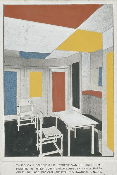 <p><strong>3b. </strong>De  Stijl Manifestosu (Ekim 1918) ve Theo van Doesburg un “renklerin karşılık ve  yer deneyi”, mobilyaların Rietveld e ait olduğu kaydıyla birlikte. <br />Kaynak: 1920, De Stijl, cilt:3, sayı:12, s.102a, http://sdrc.lib.uiowa.edu/dada/De_Stijl/3/12/index.htm [Erişim: 11.10.2021] 