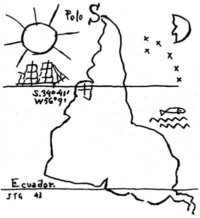 <p><strong>4.</strong> Provokatif bir eylem olarak  haritalama: Joaquin Torres-Garcia, Ters Güney Amerika “Upside down map”, 1943.<br />   Kaynak: Harmon, 2004, s.133.</p>