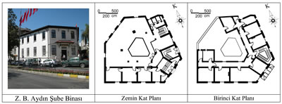 <p><strong>4.</strong> Ziraat Bankası Aydın Şube Binasının fotoğrafı ve kat  planları<br />   Kaynak:  Fotoğraf yazara aittir, planlar ise Asmira Mimarlık firmasının hazırlamış  olduğu restitüsyon projesi esas alınarak yazar tarafından düzenlenmiştir.</p>