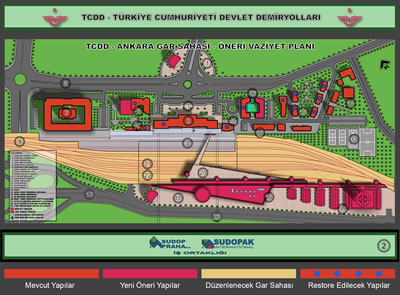 <p><strong>4.</strong> Ankara YHT Garı - Serdar  Akünal tasarımı ilk öneri<br />   <strong>L1:</strong> Ankara Gar Maydanı, <strong>L2:</strong> Ankara Gar Binası, <strong>L3:</strong> Gar Peronları, <strong>L4:</strong> Atatürk Müzesi, <strong>L5:</strong> Demiryolu Müzesi, <strong>L6:</strong> Kongre-Fuar  Merkezi, <strong>L7: </strong>TCDD Genel MD. Binası,  L8: Talat Paşa Bulvarı, L9: Demir Yolu Köprüsü, <strong>L10:</strong> C.Bayar Bulvarı, <strong>L11:</strong> Lokomotif Müzesi, <strong>L12:</strong> Spor  Sahaları, <strong>L13- L14</strong>:Lojmanlar, <strong>L15:</strong> CTC Binası, <strong>L16:</strong> Otel, <strong>L17:</strong> Hızlı  Tren Terminal Meydanı, <strong>L18:</strong> Hızlı  Tren Terminali, <strong>L19:</strong> İş Merkezi  Kompleksi, <strong>L20:</strong> Hızlı Tren Terminali  Üst Platformu, <strong>L21: </strong>Altta AVM  (1.Bodrum), <strong>L22: </strong>Altta Kapalı  Otopark (2.Bodrum),<strong> L23:</strong> Yeni Metro  Bağlantısı Alt Geçiti</p>